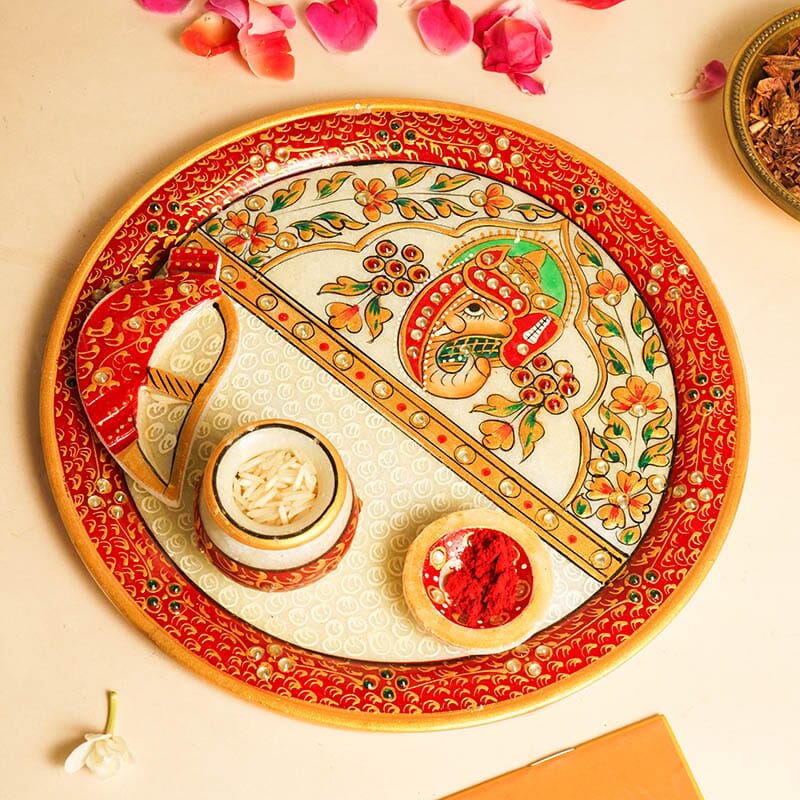 Ganesha Round Marble Pooja Thali 9"