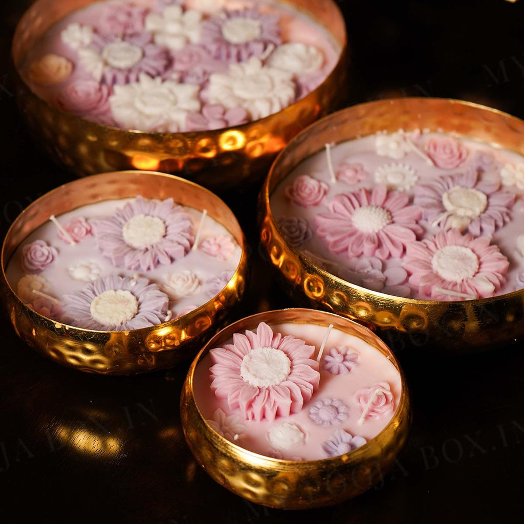 Lavender Floral Wax Candle Urli (Gold)