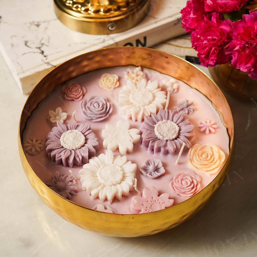 Lavender Floral Wax Candle Urli (Gold)